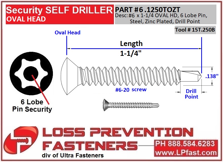 6.1250TOZT Oval drill Point security Screw