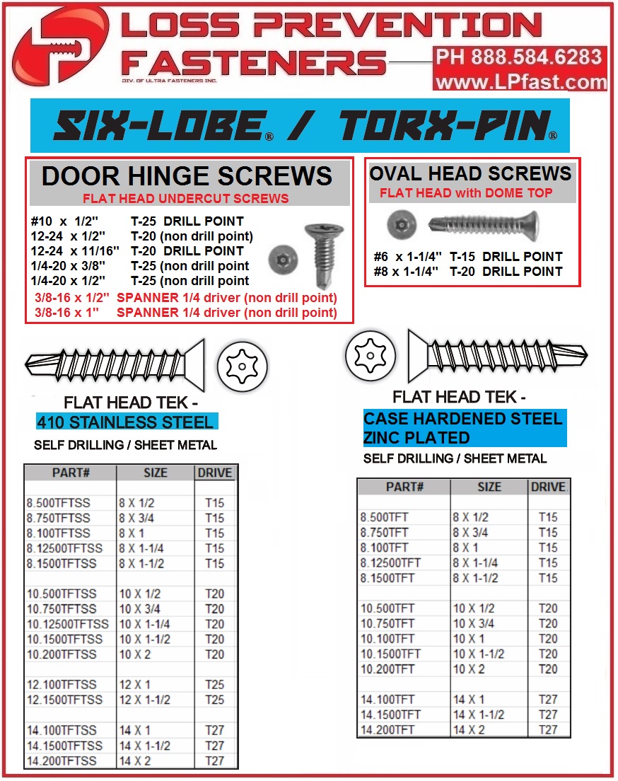 door hinge screws SECURITY TAMPER Tek self driller Flat Head tamper Proof