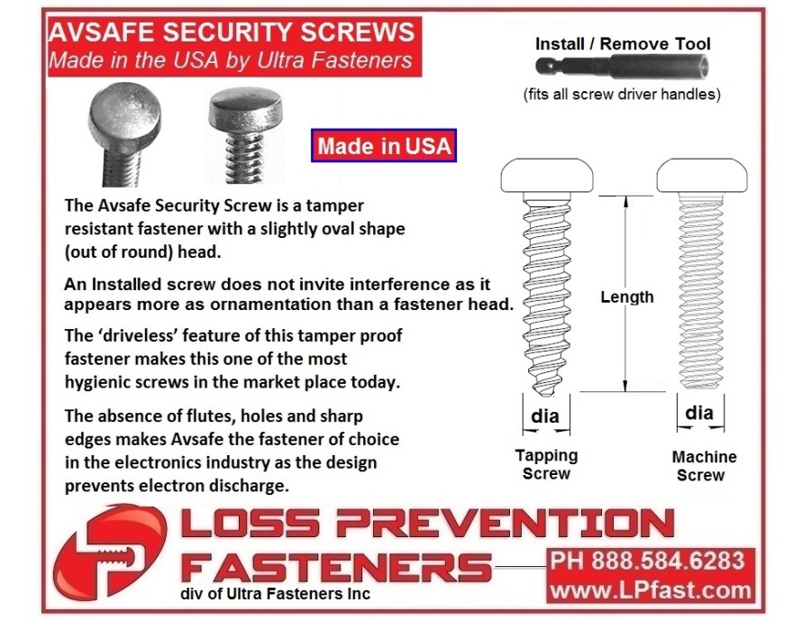 Made in USA Tamper Proof Loss Prevention Fasteners